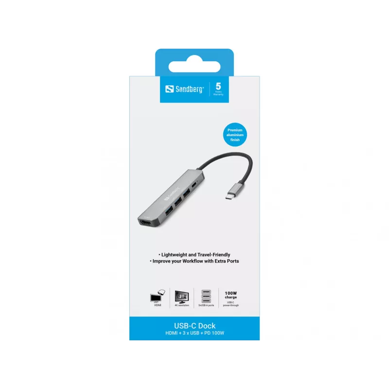 Sandberg USB-C Dokstacija HDMI+3xUSB+PD 100W, vadu, USB 3.2 Gen 1 (3.1 Gen 1) Type-C, 100 W, pelēka, 4K Ultra HD, alumīnijs