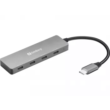 Sandberg USB-C uz 4 x USB-C centrmezgls, USB 3.2 Gen 1 (3.1 Gen 1) Type-C, USB 3.2 Gen 1 (3.1 Gen 1) Type-C, 10000 Mbit/s, pelēks, alumīnijs, 0.15 m