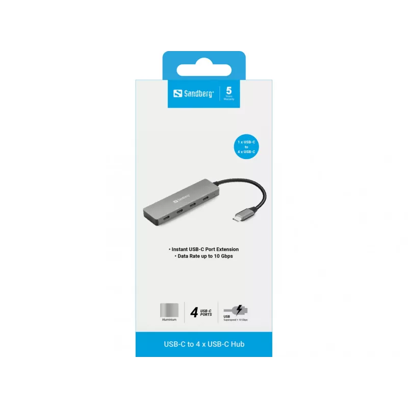 Sandberg USB-C uz 4 x USB-C centrmezgls, USB 3.2 Gen 1 (3.1 Gen 1) Type-C, USB 3.2 Gen 1 (3.1 Gen 1) Type-C, 10000 Mbit/s, pelēks, alumīnijs, 0.15 m