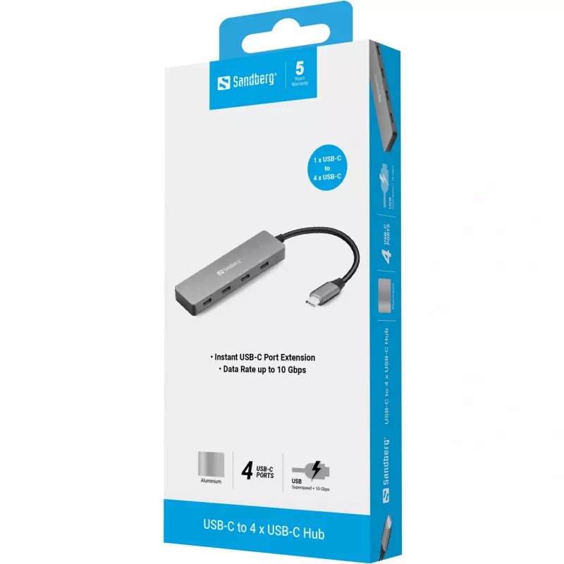 Sandberg USB-C uz 4 x USB-C centrmezgls, USB 3.2 Gen 1 (3.1 Gen 1) Type-C, USB 3.2 Gen 1 (3.1 Gen 1) Type-C, 10000 Mbit/s, pelēks, alumīnijs, 0.15 m