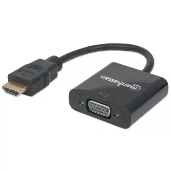Manhattan HDMI uz VGA pārveidotāja kabelis, 1080p, 30cm, vīriešu uz sieviešu, Micro-USB barošanas pieslēgvieta papildu jaudai, ja nepieciešams, melns, trīs gadu garantija, ekvivalents HD2VGAE2.