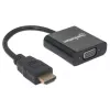 Manhattan HDMI uz VGA pārveidotāja kabelis, 1080p, 30cm, vīriešu uz sieviešu, Micro-USB barošanas pieslēgvieta papildu jaudai, ja nepieciešams, melns, trīs gadu garantija, ekvivalents HD2VGAE2.