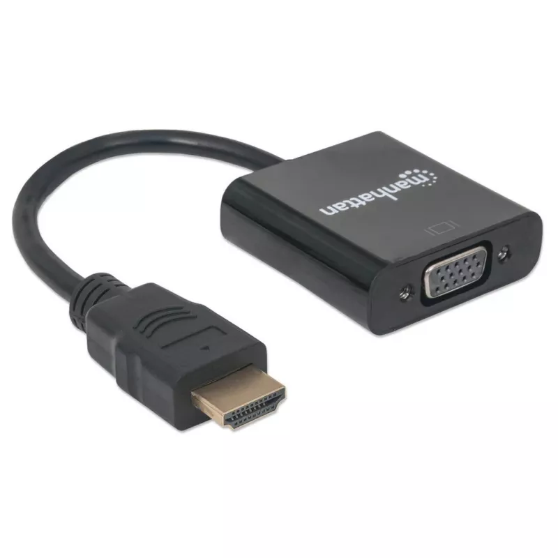Manhattan HDMI uz VGA pārveidotāja kabelis, 1080p, 30cm, vīriešu uz sieviešu, Micro-USB barošanas pieslēgvieta papildu jaudai, ja nepieciešams, melns, trīs gadu garantija, ekvivalents HD2VGAE2.