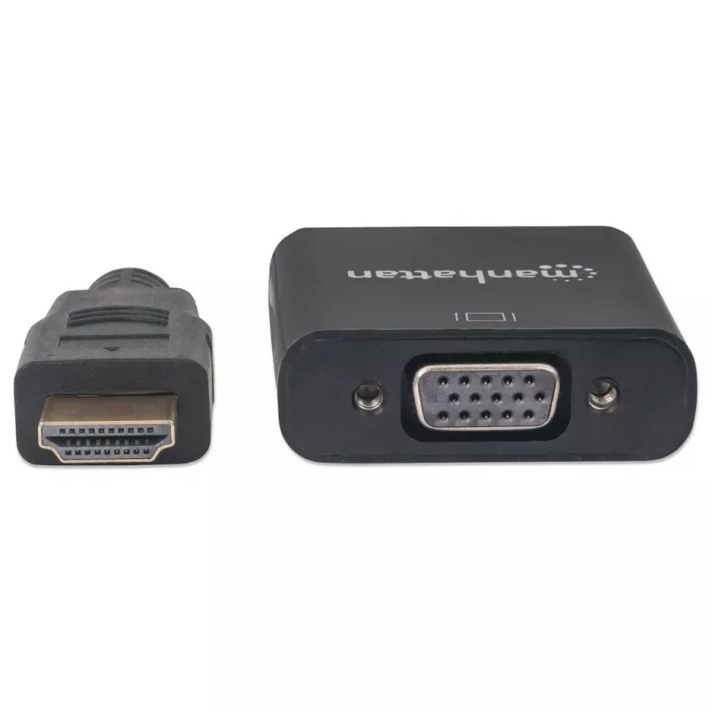 Manhattan HDMI uz VGA pārveidotāja kabelis, 1080p, 30cm, vīriešu uz sieviešu, Micro-USB barošanas pieslēgvieta papildu jaudai, ja nepieciešams, melns, trīs gadu garantija, ekvivalents HD2VGAE2.