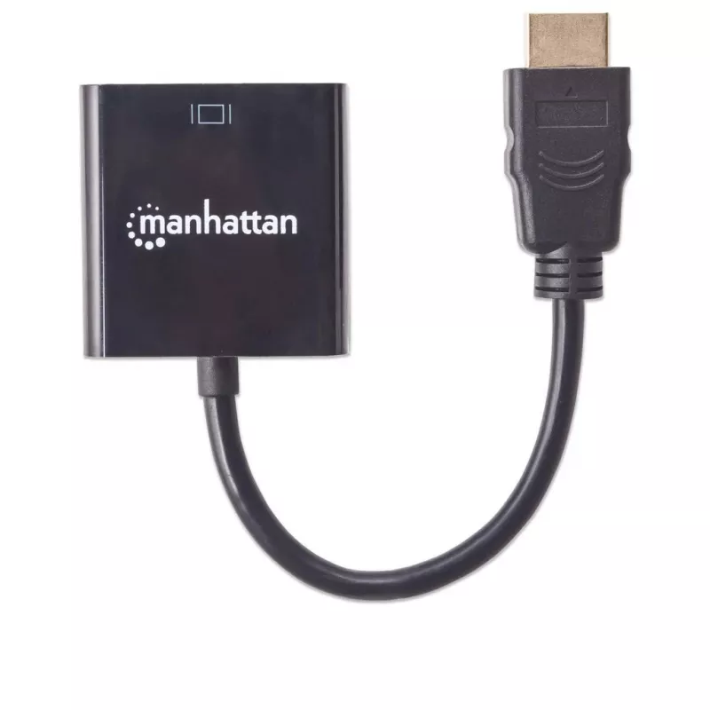 Manhattan HDMI uz VGA pārveidotāja kabelis, 1080p, 30cm, vīriešu uz sieviešu, Micro-USB barošanas pieslēgvieta papildu jaudai, ja nepieciešams, melns, trīs gadu garantija, ekvivalents HD2VGAE2.