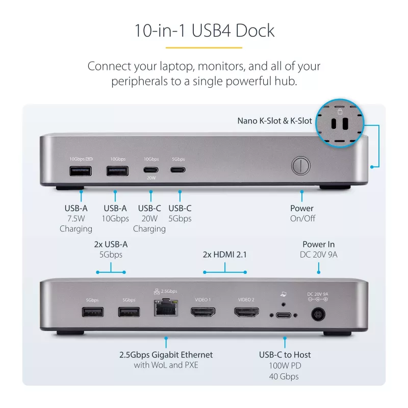 StarTech.com Dual-Monitor USB4 dokstacija, divi 4K 120Hz vai viens 8K 60Hz HDMI, 100W klēpjdatora uzlāde, 2.5GbE, USB-C vairāku monitoru doks, bez draiveriem