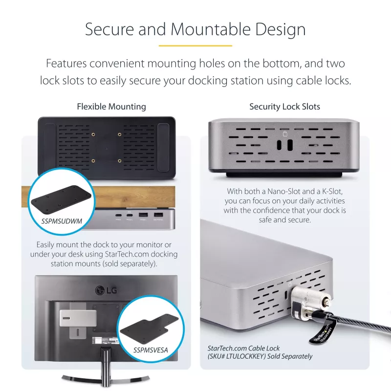 StarTech.com Dual-Monitor USB4 dokstacija, divi 4K 120Hz vai viens 8K 60Hz HDMI, 100W klēpjdatora uzlāde, 2.5GbE, USB-C vairāku monitoru doks, bez draiveriem