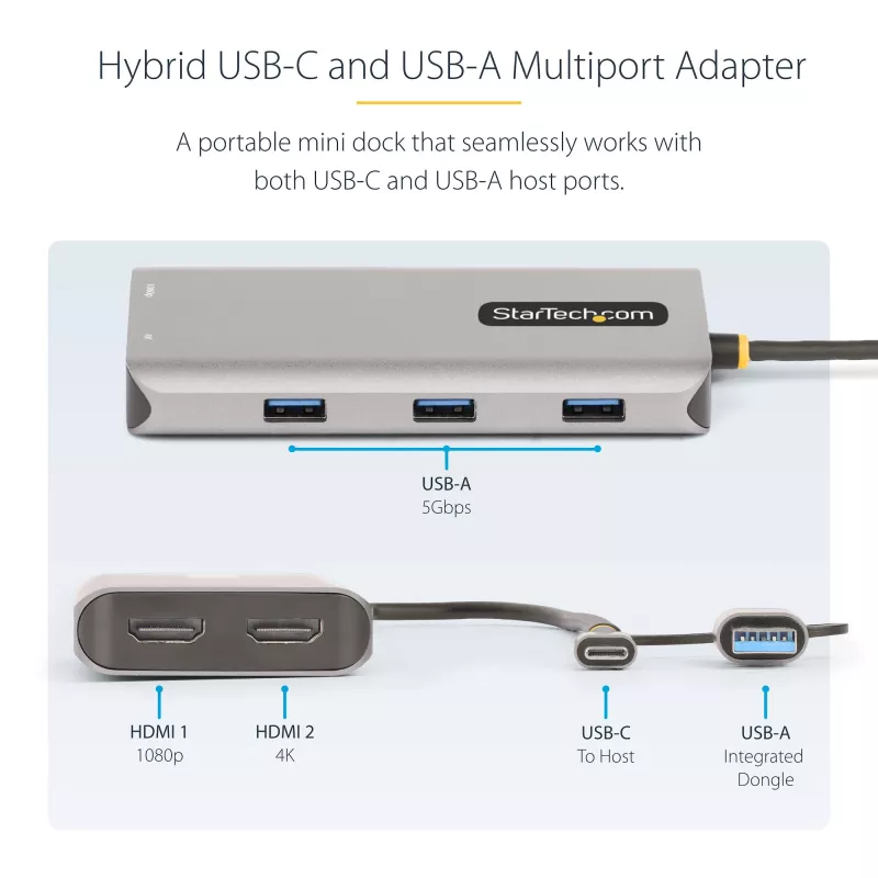 StarTech.com USB-C multiportu adapteris ar pievienotu USB-C uz USB-A pārveidotāju, duālais HDMI (4K30Hz/1080p60Hz), 3x USB-A 5Gbps, mini ceļojumu dokstacija, klēpjdatoru dokstacija, 1,3 pēdu/40cm kabelis