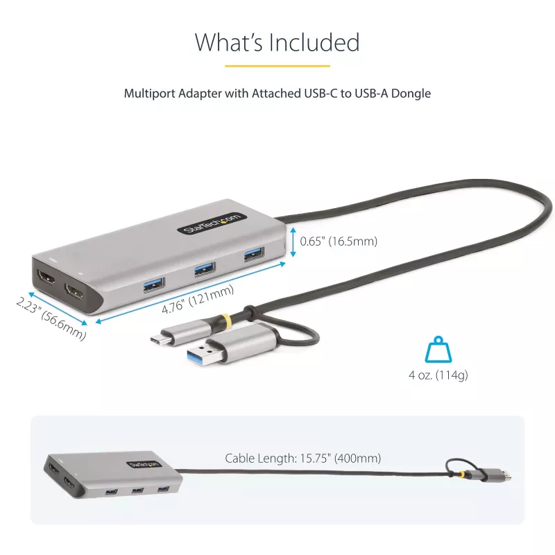 StarTech.com USB-C multiportu adapteris ar pievienotu USB-C uz USB-A pārveidotāju, duālais HDMI (4K30Hz/1080p60Hz), 3x USB-A 5Gbps, mini ceļojumu dokstacija, klēpjdatoru dokstacija, 1,3 pēdu/40cm kabelis