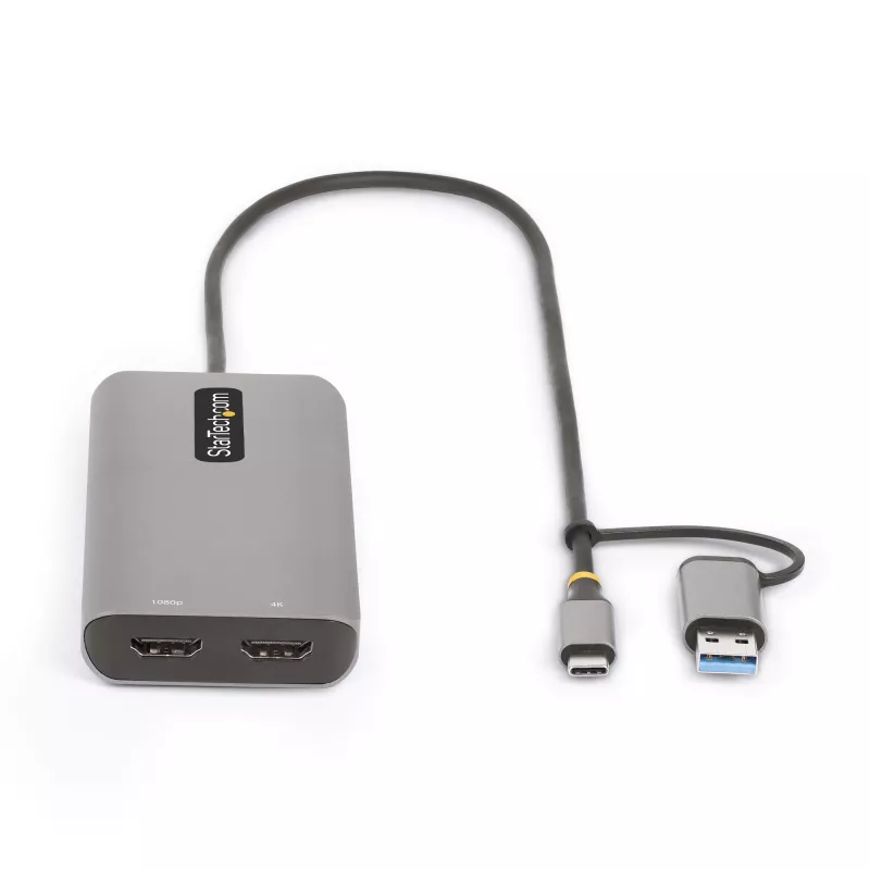 StarTech.com USB-C multiportu adapteris ar pievienotu USB-C uz USB-A pārveidotāju, duālais HDMI (4K30Hz/1080p60Hz), 3x USB-A 5Gbps, mini ceļojumu dokstacija, klēpjdatoru dokstacija, 1,3 pēdu/40cm kabelis