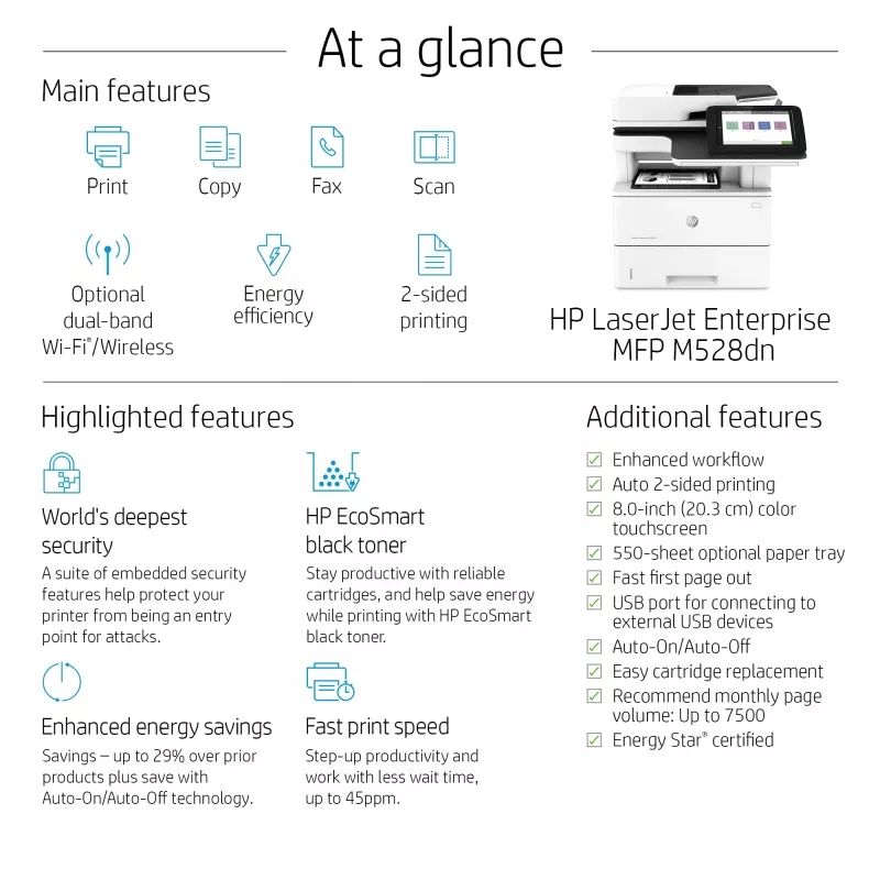 HP LaserJet Enterprise MFP M528dn, lāzerprinteris, vienkrāsas druka, 1200 x 1200 DPI, A4, tiešā druka, melns, balts