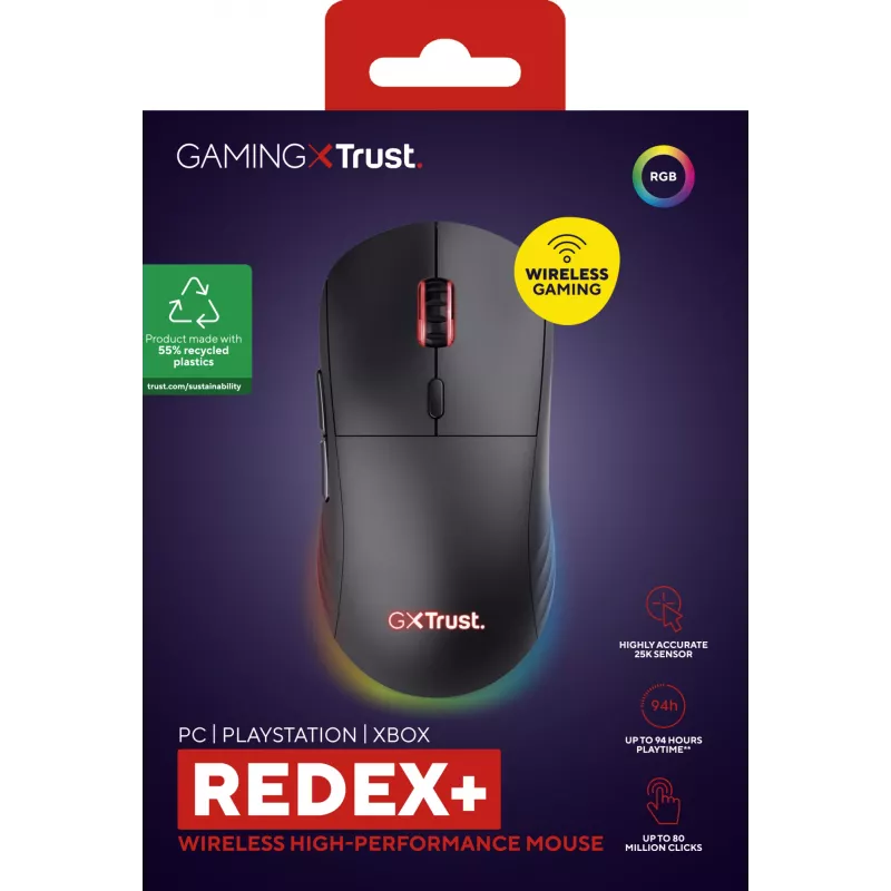 Trust GXT 927 Redex+ pele Spēlēm Labās rokas RF Bezvadu + USB Type-A Lāzera 25600 DPI