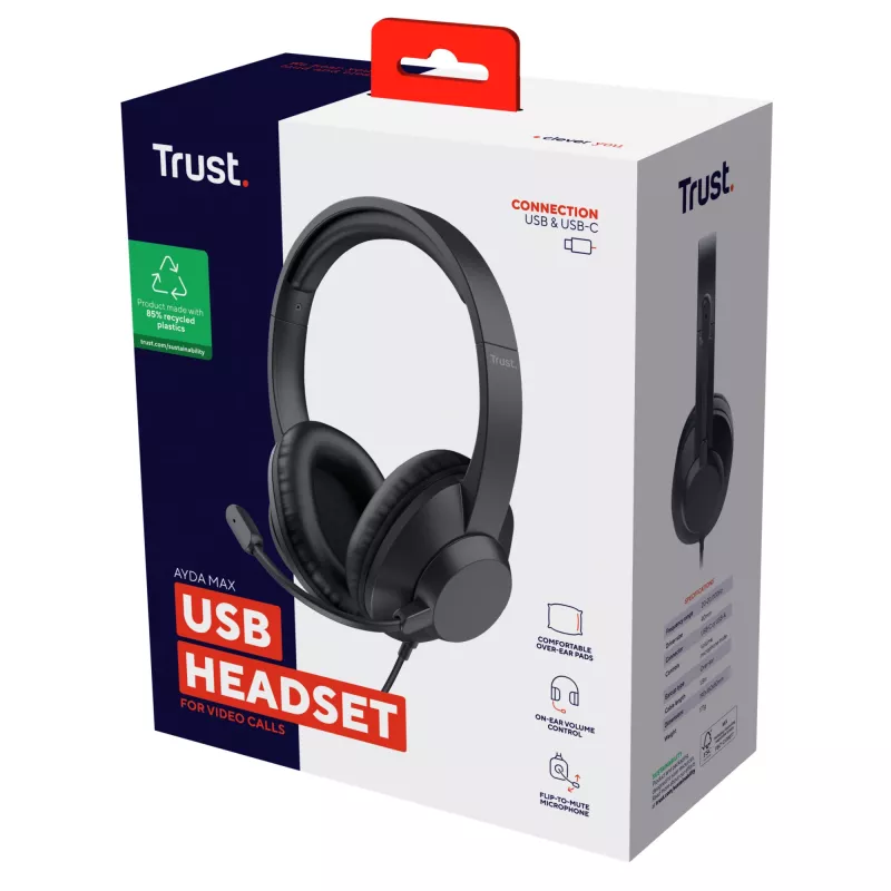 Trust Ayda Max USB austiņas ar vadu, galvas lentes, birojam/zvanu centram, USB Type-C / USB Type-A, melnas