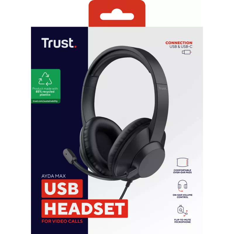 Trust Ayda Max USB austiņas ar vadu, galvas lentes, birojam/zvanu centram, USB Type-C / USB Type-A, melnas