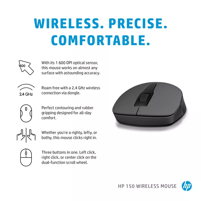 HP 150 bezvadu pele, piemērota abām rokām, optiskā, RF bezvadu, 1600 DPI, melna