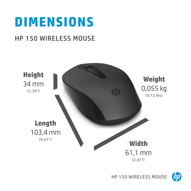 HP 150 bezvadu pele, piemērota abām rokām, optiskā, RF bezvadu, 1600 DPI, melna