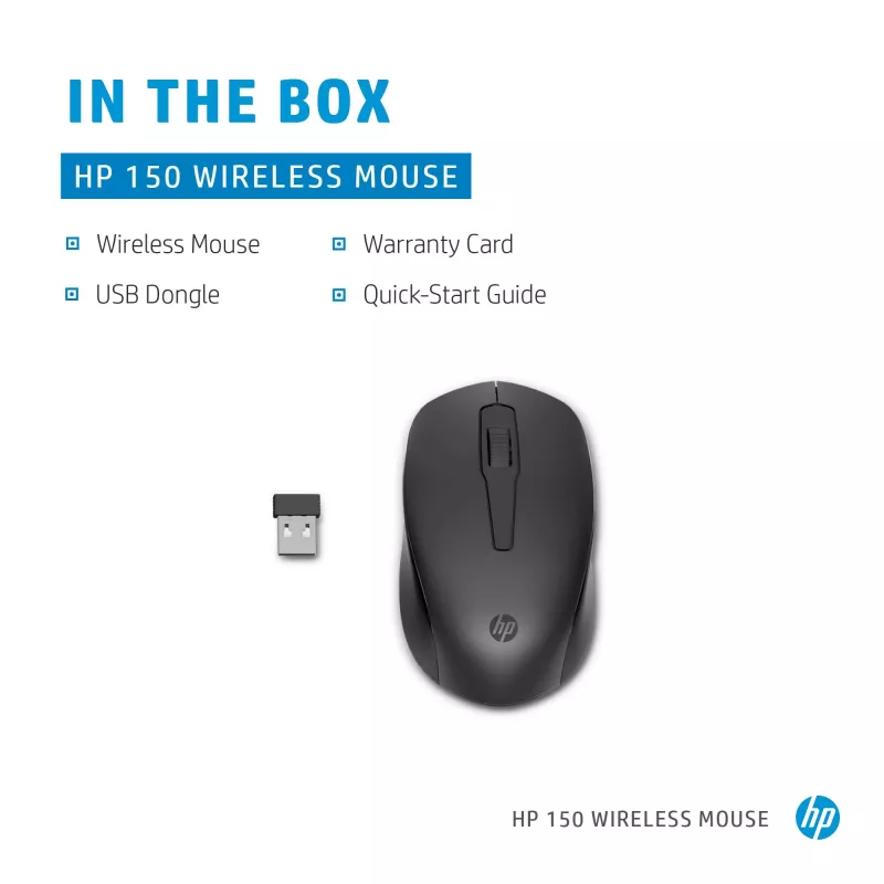 HP 150 bezvadu pele, piemērota abām rokām, optiskā, RF bezvadu, 1600 DPI, melna