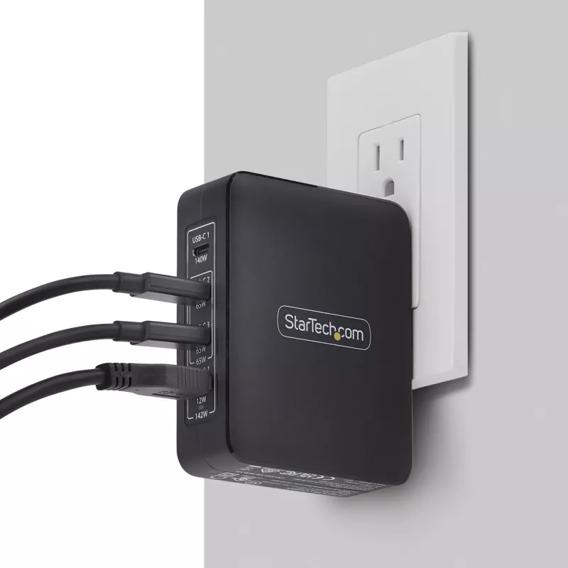 StarTech.com 140 W USB-C sienas lādētājs, 3x USB-C/1x USB-A, PD 3.1 starptautiskais GaN strāvas adapteris MacBook/Dell XPS/Inspiron