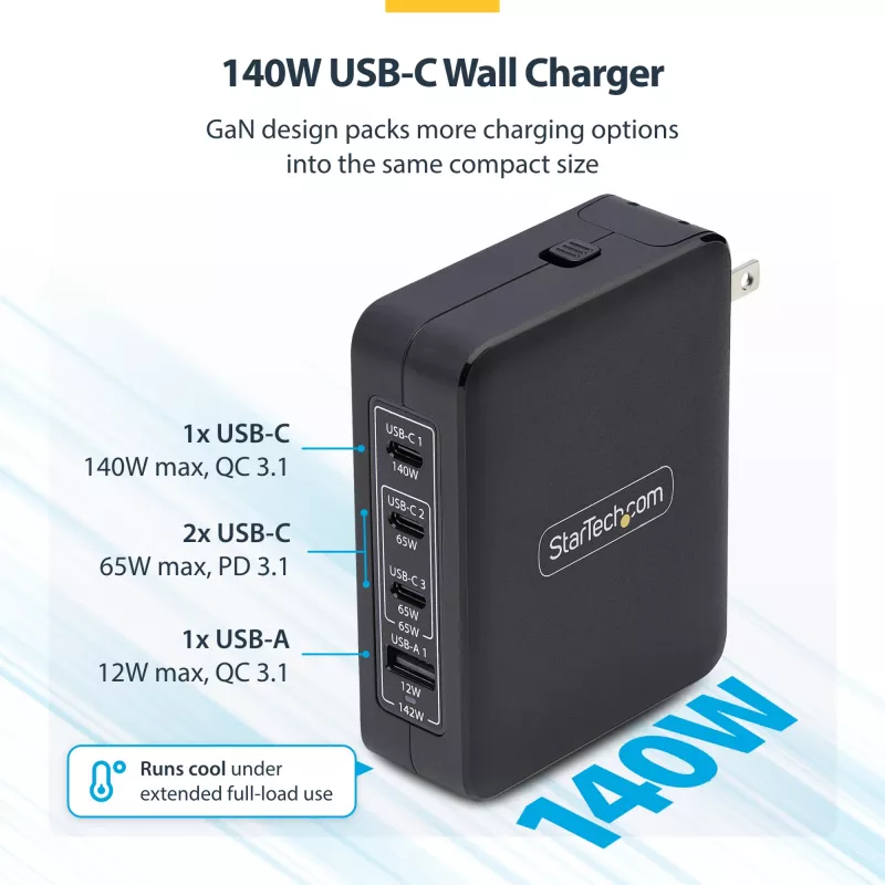 StarTech.com 140 W USB-C sienas lādētājs, 3x USB-C/1x USB-A, PD 3.1 starptautiskais GaN strāvas adapteris MacBook/Dell XPS/Inspiron
