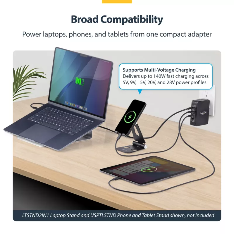 StarTech.com 140 W USB-C sienas lādētājs, 3x USB-C/1x USB-A, PD 3.1 starptautiskais GaN strāvas adapteris MacBook/Dell XPS/Inspiron
