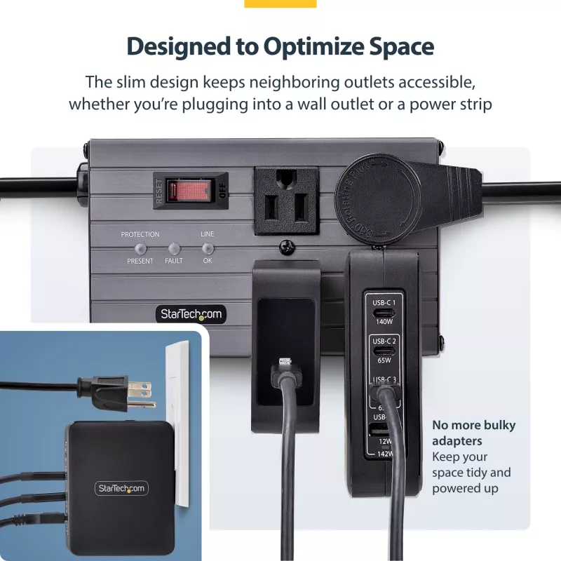 StarTech.com 140 W USB-C sienas lādētājs, 3x USB-C/1x USB-A, PD 3.1 starptautiskais GaN strāvas adapteris MacBook/Dell XPS/Inspiron