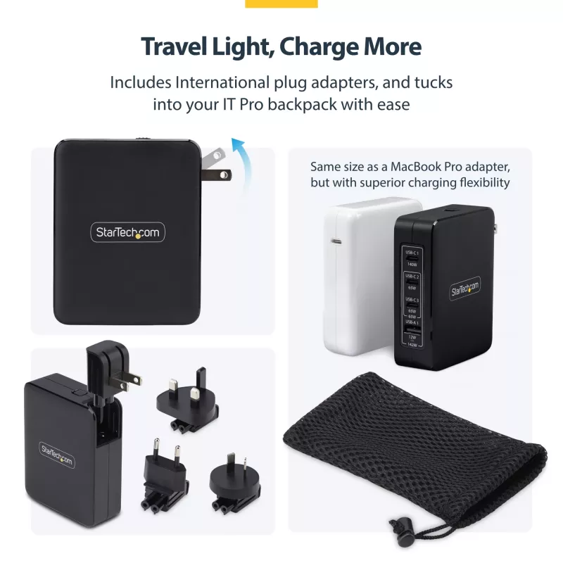 StarTech.com 140 W USB-C sienas lādētājs, 3x USB-C/1x USB-A, PD 3.1 starptautiskais GaN strāvas adapteris MacBook/Dell XPS/Inspiron