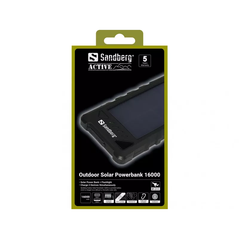 Sandberg Outdoor Solar Powerbank 16000, 16000 mAh, Lithium-Ion (Li-Ion), Melns