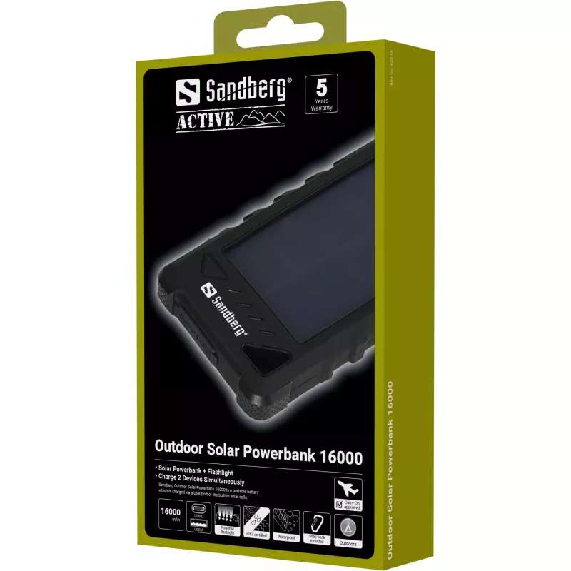 Sandberg Outdoor Solar Powerbank 16000, 16000 mAh, Lithium-Ion (Li-Ion), Melns
