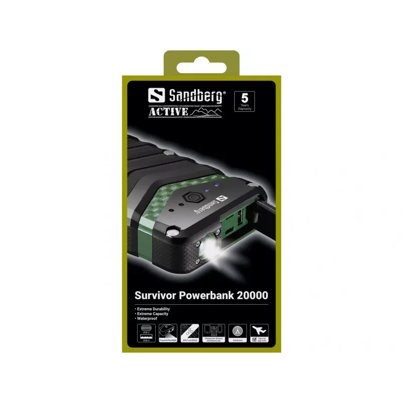 Sandberg Survivor Powerbank 20000, 20000 mAh, litija jonu (Li-Ion), melna, zaļa