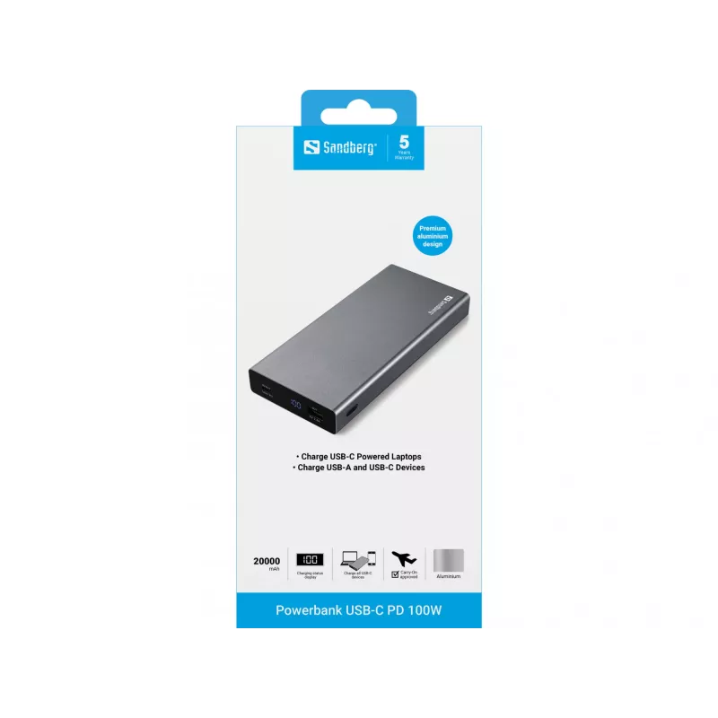 Sandberg ārējais akumulators USB-C PD 100W 20000, 20000 mAh, litija jonu (Li-Ion), Quick Charge 3.0, 100 W, pelēks