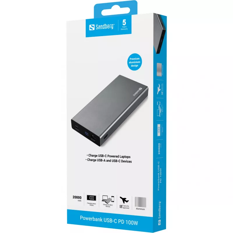 Sandberg ārējais akumulators USB-C PD 100W 20000, 20000 mAh, litija jonu (Li-Ion), Quick Charge 3.0, 100 W, pelēks