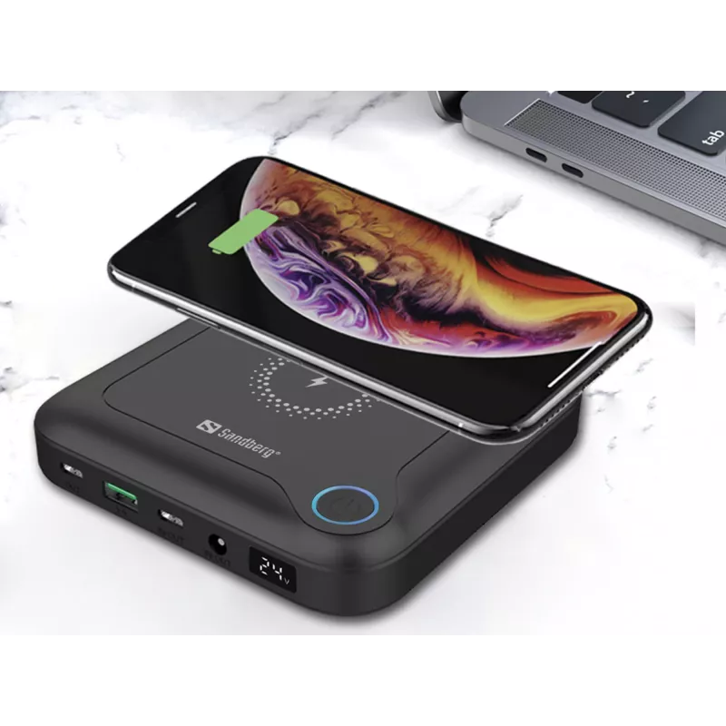Sandberg All-in1 klēpjdatora ārējais akumulators 24000, 24000 mAh, Quick Charge 2.0, bezvadu uzlāde, melns