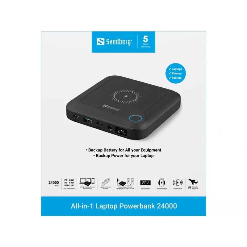 Sandberg All-in1 klēpjdatora ārējais akumulators 24000, 24000 mAh, Quick Charge 2.0, bezvadu uzlāde, melns