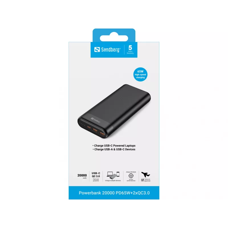Sandberg ārējais akumulators 20000 PD65W+2xQC3.0, 20000 mAh, litija jonu (Li-Ion), Quick Charge 3.0, 65 W, melns