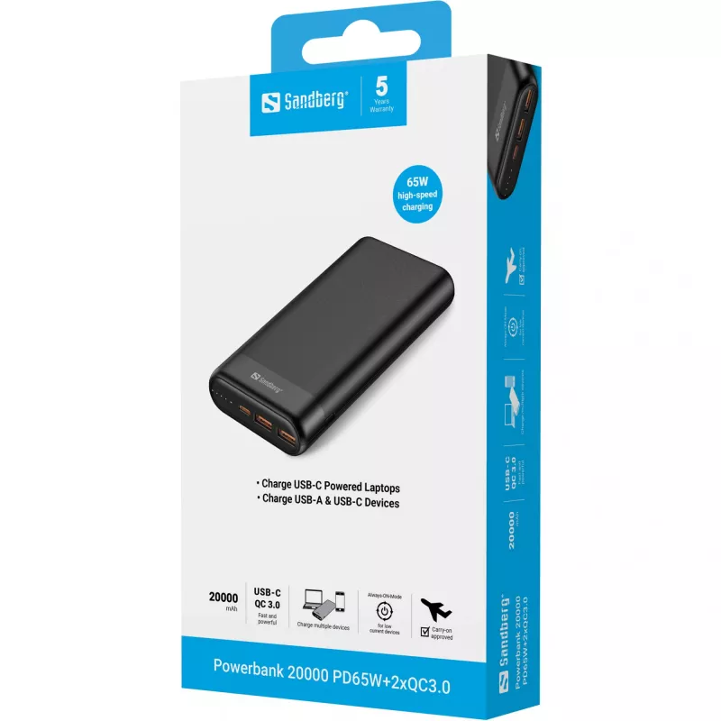 Sandberg ārējais akumulators 20000 PD65W+2xQC3.0, 20000 mAh, litija jonu (Li-Ion), Quick Charge 3.0, 65 W, melns