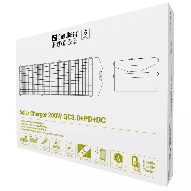 Sandberg Solar Charger 200W QC3.0+PD+DC, 200 W, monokristālisks silīcijs, melns, USB Type-A, USB Type-C, 22%, 540 mm