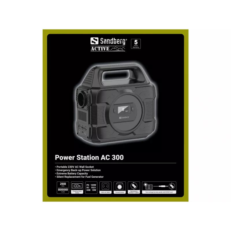 Sandberg Power Station AC 300, 80000 mAh, maiņstrāva, līdzstrāva, saules, USB, 296 Wh, 300 W, 300 W, 6 A