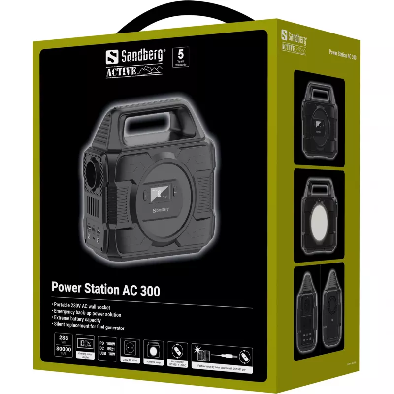 Sandberg Power Station AC 300, 80000 mAh, maiņstrāva, līdzstrāva, saules, USB, 296 Wh, 300 W, 300 W, 6 A