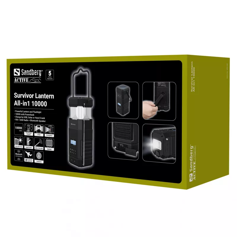 Sandberg Survivor Lantern All-in1 10000, ar baterijām darbināms kempinga lukturis, melns, IPX5, LED, USB C, baterija