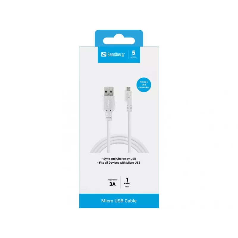Sandberg USB-A uz MicroUSB uzlādes kabelis 1 m, 1 m, USB A, Micro-USB B, USB 2.0, Vīrišķais/Vīrišķais, Balts
