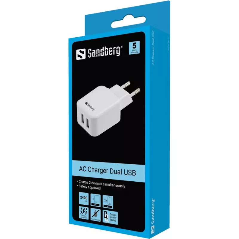 Sandberg maiņstrāvas lādētājs Dual USB 2.4+1A ES, iekštelpu, maiņstrāva, USB, 5 V, melns, balts