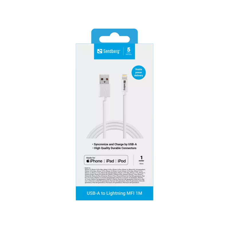 Sandberg USB-A uz Lightning MFI 1M, 1 m, Lightning, USB A, balts, taisns, taisns
