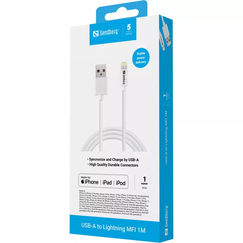 Sandberg USB-A uz Lightning MFI 1M, 1 m, Lightning, USB A, balts, taisns, taisns