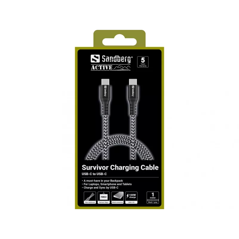 Sandberg Survivor USB-C kabelis 1 m 100 W, 1 m, USB C, USB C, USB 2.0, melns, pelēks
