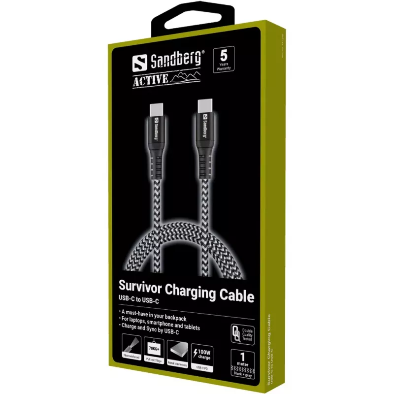 Sandberg Survivor USB-C kabelis 1 m 100 W, 1 m, USB C, USB C, USB 2.0, melns, pelēks