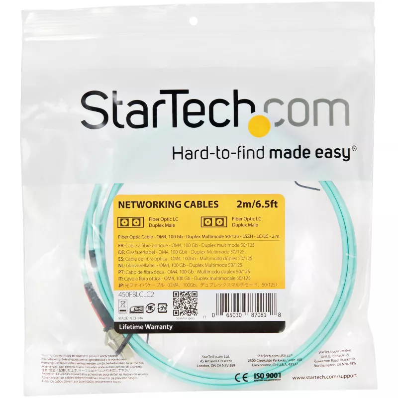 StarTech.com 2m (6ft) LC/UPC to LC/UPC OM4 daudzmodu optiskās šķiedras kabelis, 50/125µm LOMMF/VCSEL atdalāms šķiedras vads, 100G, zemi ievades zudumi - LSZH optiskās šķiedras pārejas vads