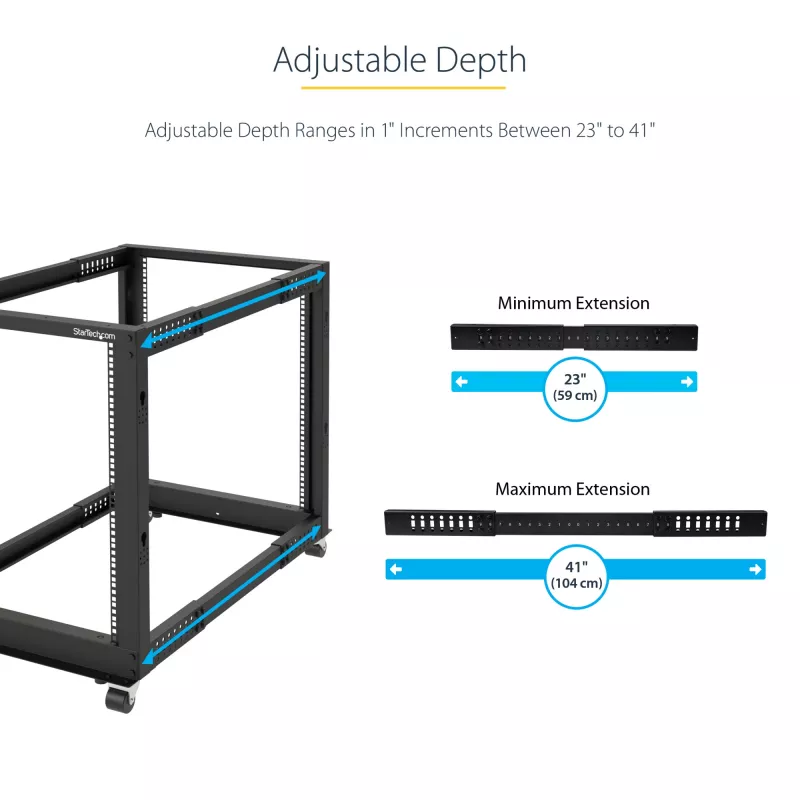 StarTech.com 4 stabu 12U mobilais atvērtā rāmja serveru plaukts, četru stabu 19 collu tīkla plaukts ar riteņiem, ritošais plaukts ar regulējamu dziļumu datoru/AV/datu/IT aprīkojumam - ritentiņi, līmeņošanas kājiņas vai montāža pie grīdas