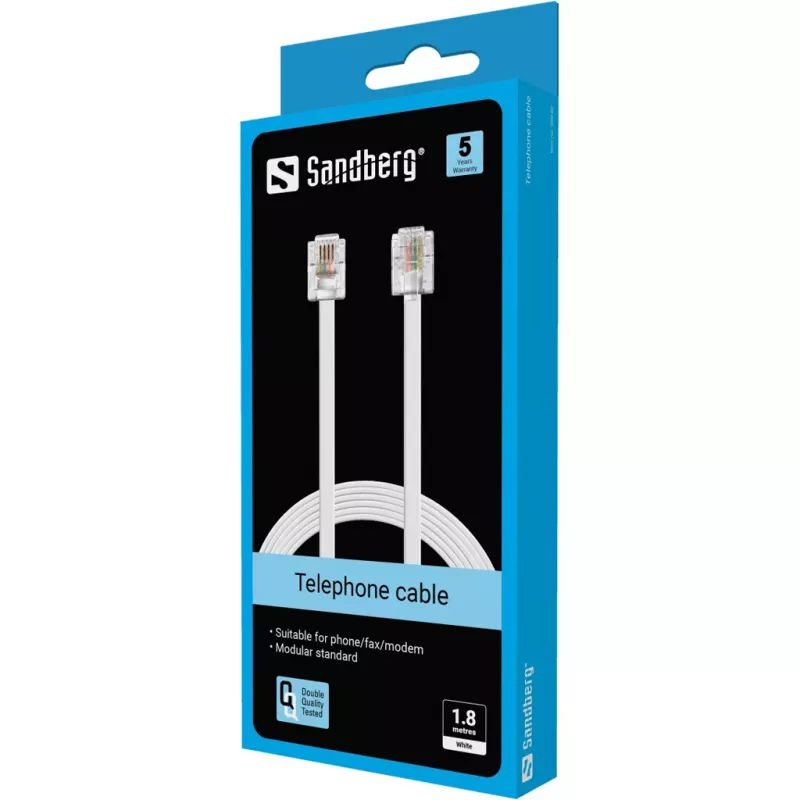 Sandberg telefona kabelis RJ11-RJ11 1,8 m, RJ11, RJ11, vīrišķais, vīrišķais, balts