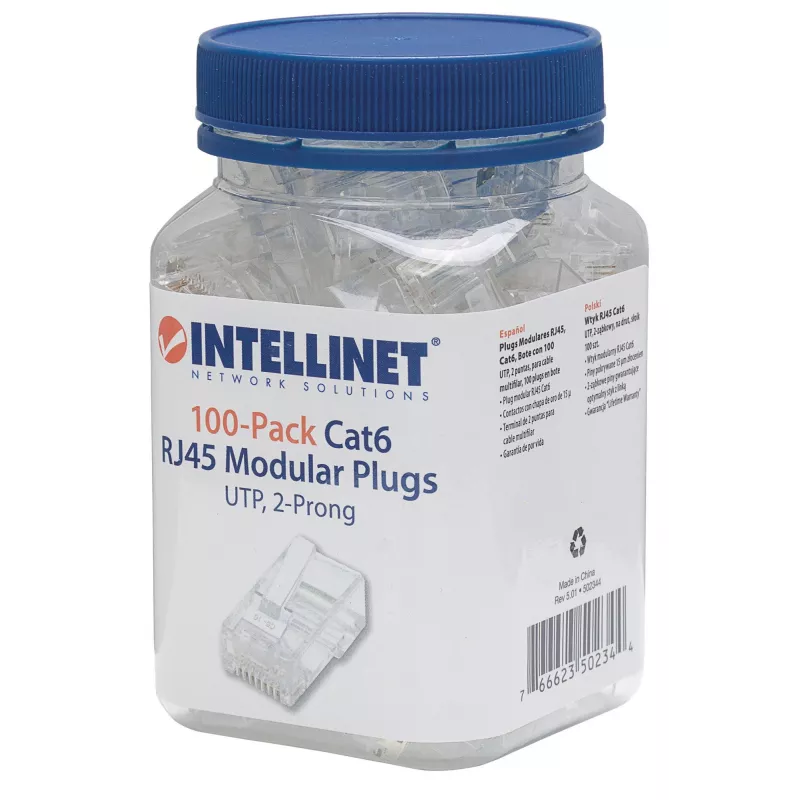 Intellinet RJ45 Modulārie Spraudņi, Cat6, UTP, 2-zaru, vītajam vadam, 15 µ apzeltīti kontakti, 100 gab. iepakojumā