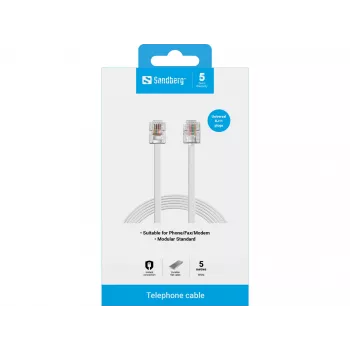 Sandberg Telephone RJ11-RJ11 5 m, 5 m, RJ11, RJ11, vīriešu, vīriešu, balta